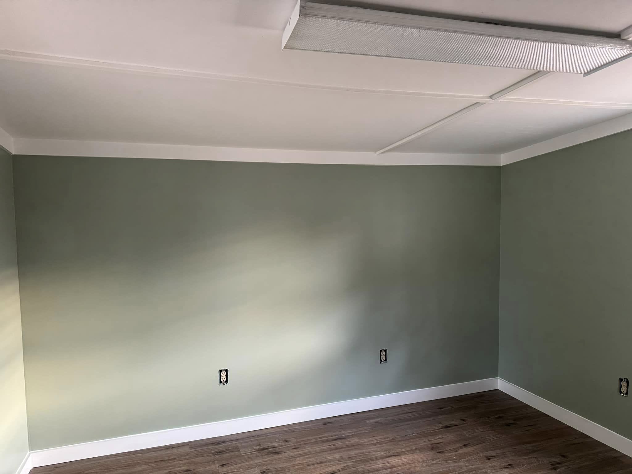 Interior corner of an empty room with sage green walls, white trim, wood flooring, and a flush-mounted ceiling light fixture.